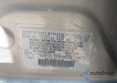 2013 Nissan Versa S/S Plus/Sv/Sl z USA, uszkodzony, nr VIN 3N1CN7AP3DL884045